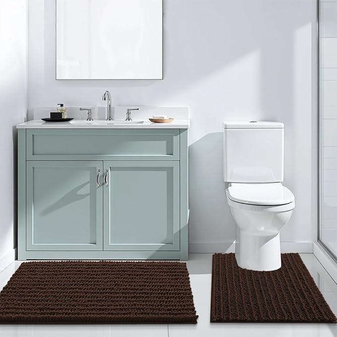 Arotive Luxury Chenille Bathroom Rug Mat, Extra Soft Thick Absorbent Shaggy Bath Rugs, Non-Slip Machine Wash Dry, Plush Bath Mats for Bathroom, Shower and Tub, 44x32, Brown