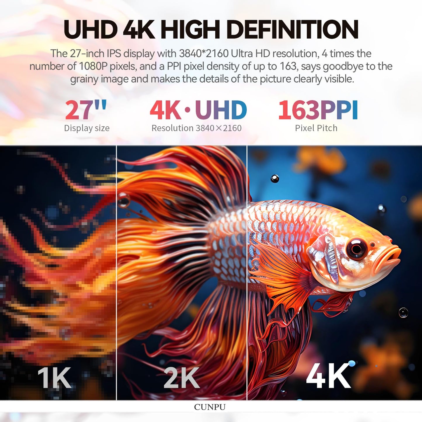 CUNPU 27 Inch 4K White Monitor, 73Hz Refresh Rate, UHD (3840 * 2160) IPS Ultra-Slim Bezel Monitor for Photo Video Editing, E-Book Mode, ΔE < 2, 100% DCI-P3, 1.07B+ Colors, DP/HDMI