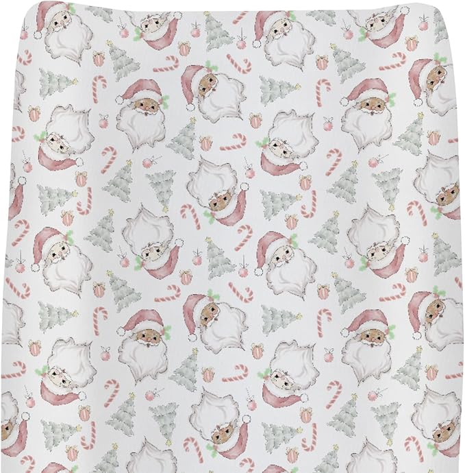 Pastel Santa Christmas Trees Baby Changing Pad Covers for Boys Girls Pink Santa Claus Candy Fitted Changing Table Cover Mats Winter Holiday Festive Soft Diaper Change Table Cover Sheets 32''×16''