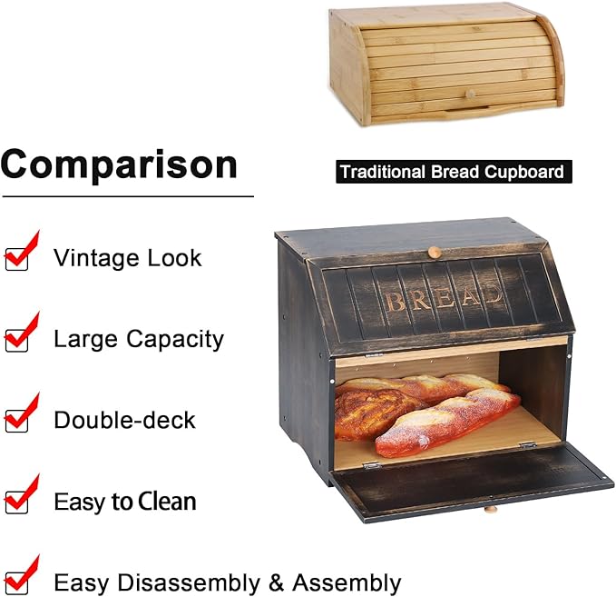 HOMEKOKO Double Layer Large Bread Box for Kitchen Counter, Retro Design Wooden Large Capacity Bread Storage Bin (Vintage Black)