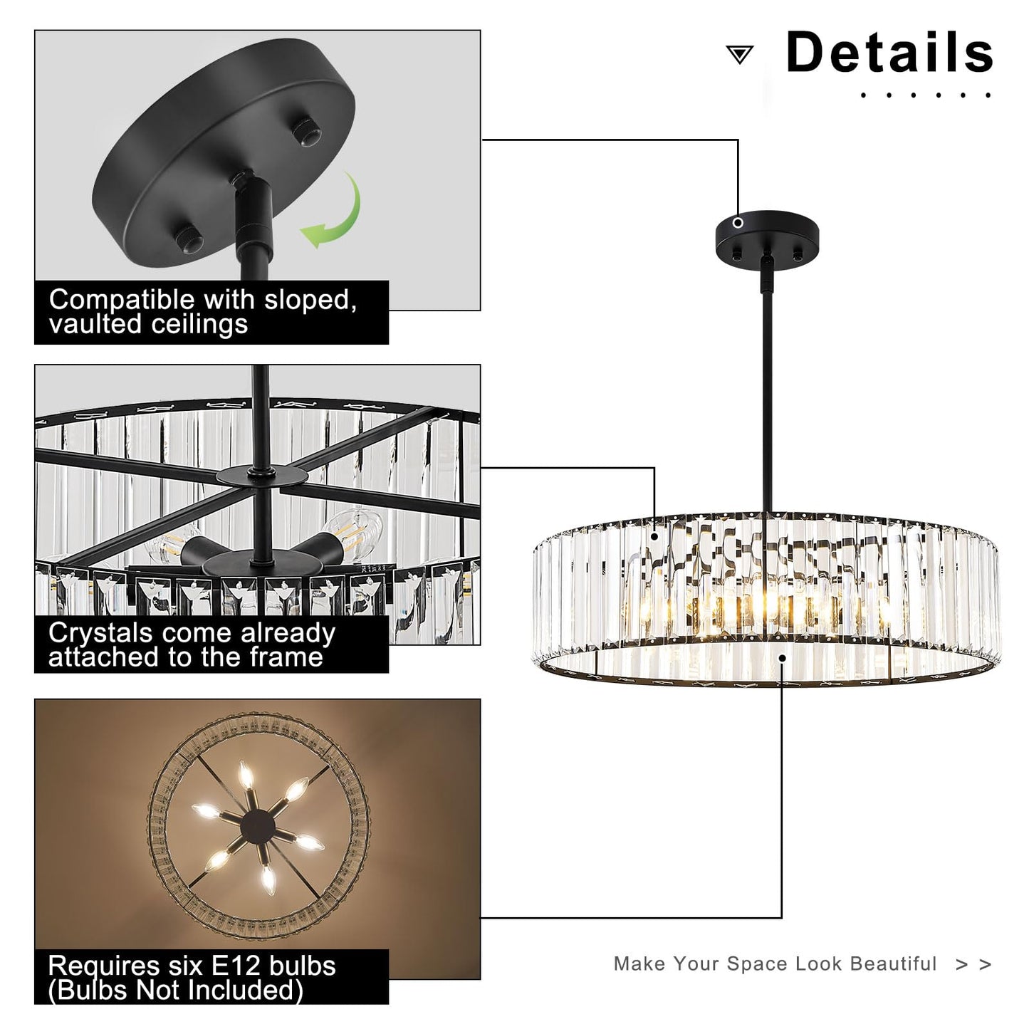 Violoemi Modern Blcak Semi Flush Mount Ceiling Light  Crystal Dining Room Chandelier Light Fixture  6-Light Drum Lighting Fixtures For Foyer Kitchen Living Room Bedroom (19.6 Inch)