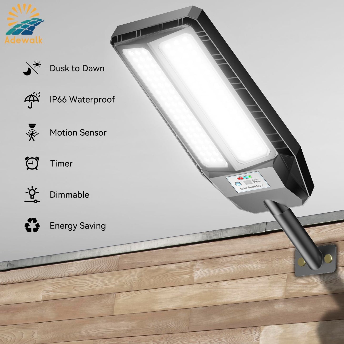 Adewalk Solar Street Lights, 5000W, 7000K LED, Motion Sensor, Remote Control, IP66 Waterproof, 2 Pack, Black, Model TW104
