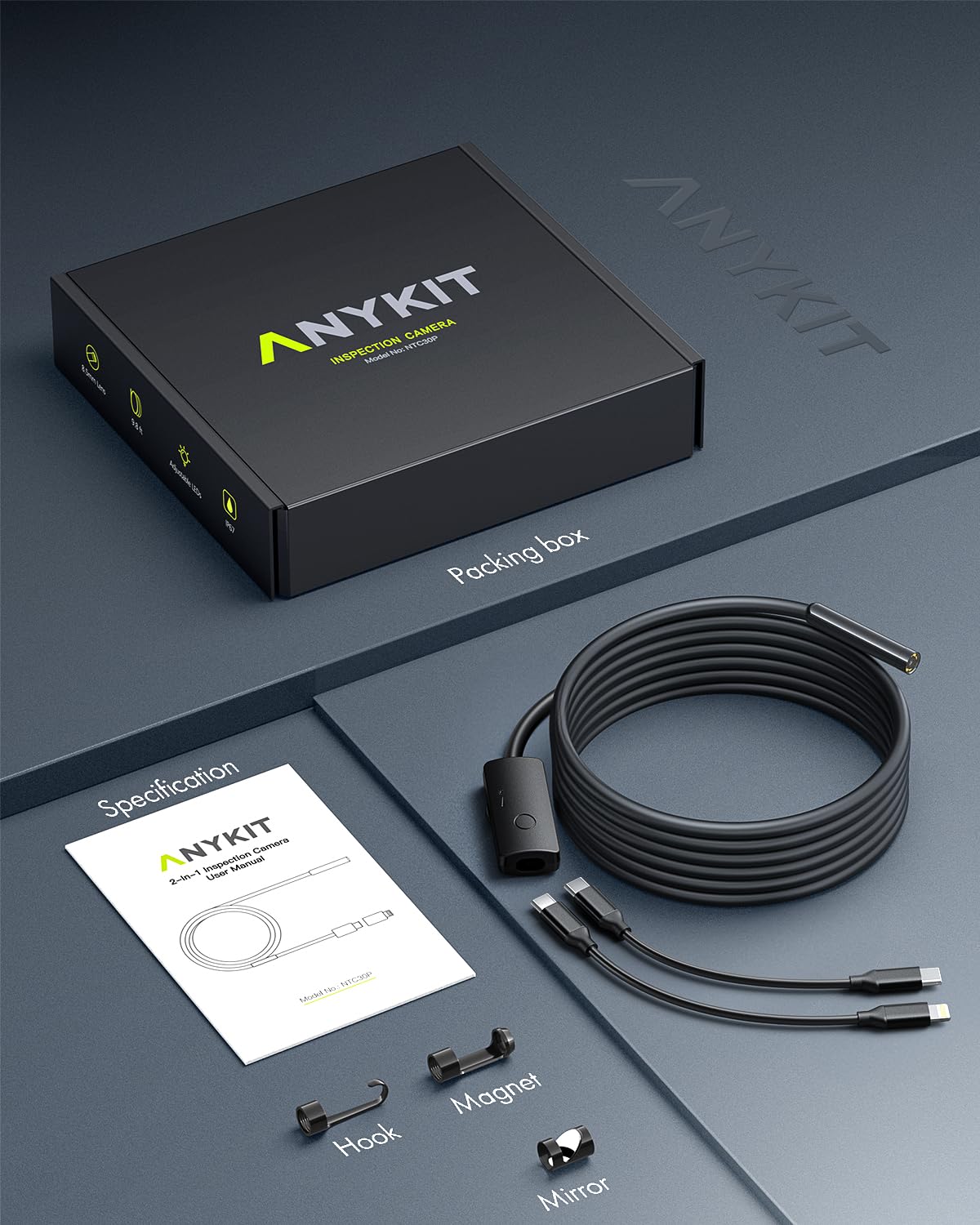 Anykit USB Endoscope Camera with 8 Adjustable LED Lights, Borescope with Semi-Rigid Snake Camera, IP67 Waterproof Inspection Cam Compatible with iPhone and Android Devices (9.8 ft)