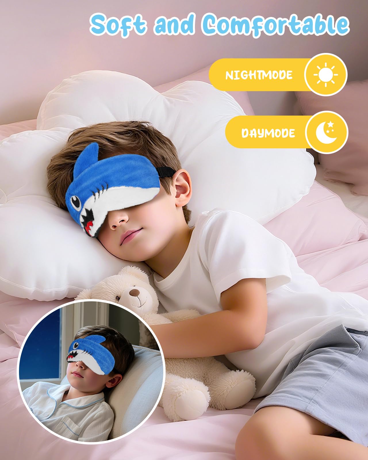 Miss Adola Sleep Mask for Kids - Valentines Gift for Kids Cute Plush Fuffy Sleeping Eye Cover Kawaii Soft Eyeshade Animal Eye Blindfold for Girls Boys Teens with Adjustable Strap, Shark