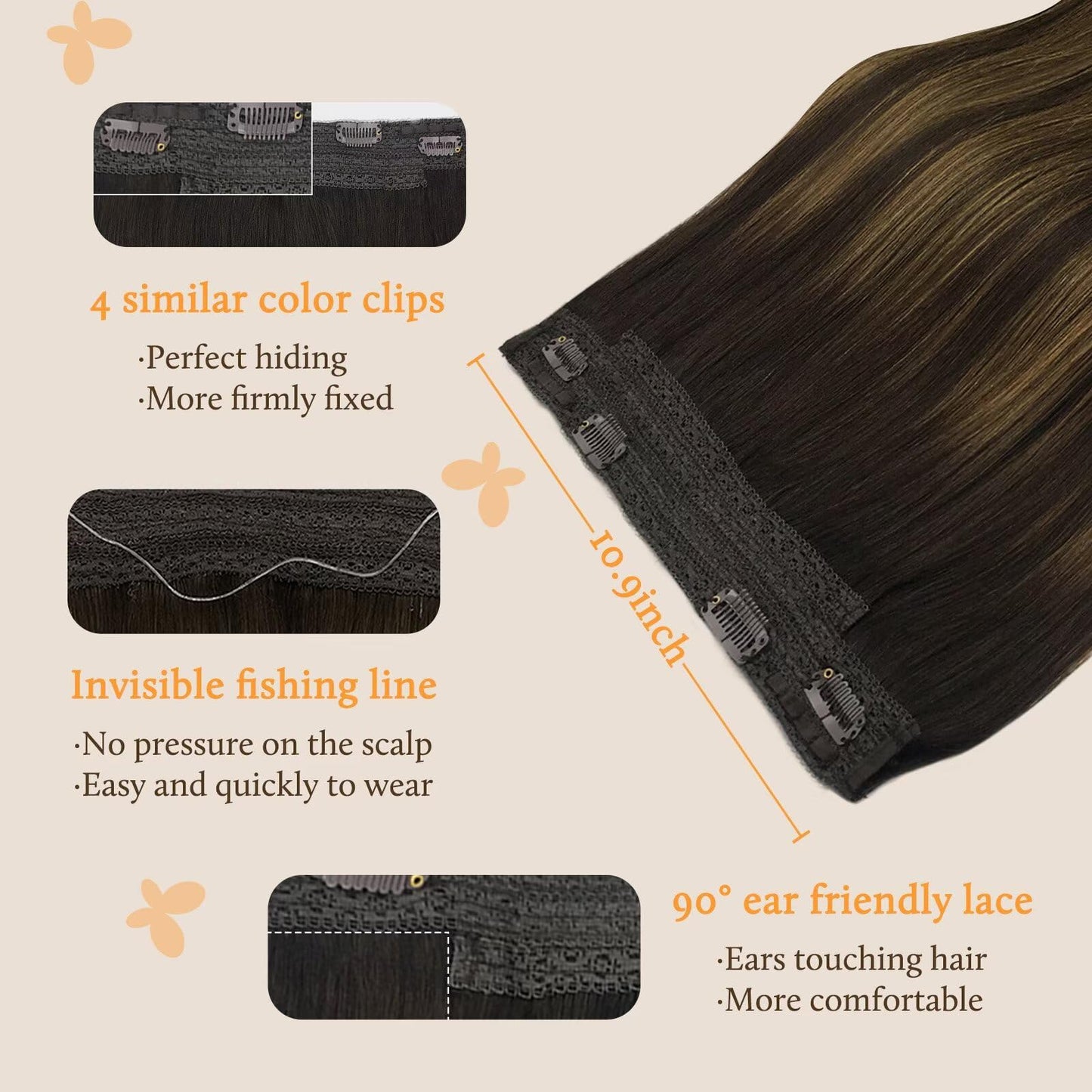 DOORES Wire Hair Extensions Balayage Dark Brown to Chestnut Brown 18 Inch 125 g Remy Human Wire Hair Extensions Invisible Transp