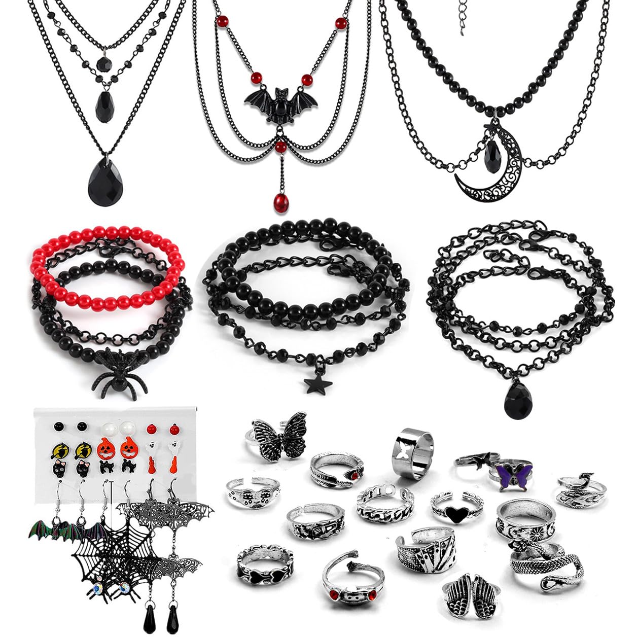 CONGYING 41 PCS GothicJewelry Set with Halloween 3 PCS Necklace, 9 PCS Bracelet, 12 PCS Earring, 16 Pcs Knuckle Rings Halloween Jewelry Set for Women (W1060)