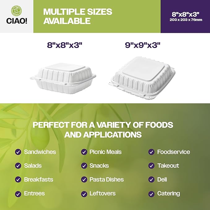 CIAO! 8"x8"x3" MFPP White Hinged Container With Lid 3 Compartment (Case of 200)