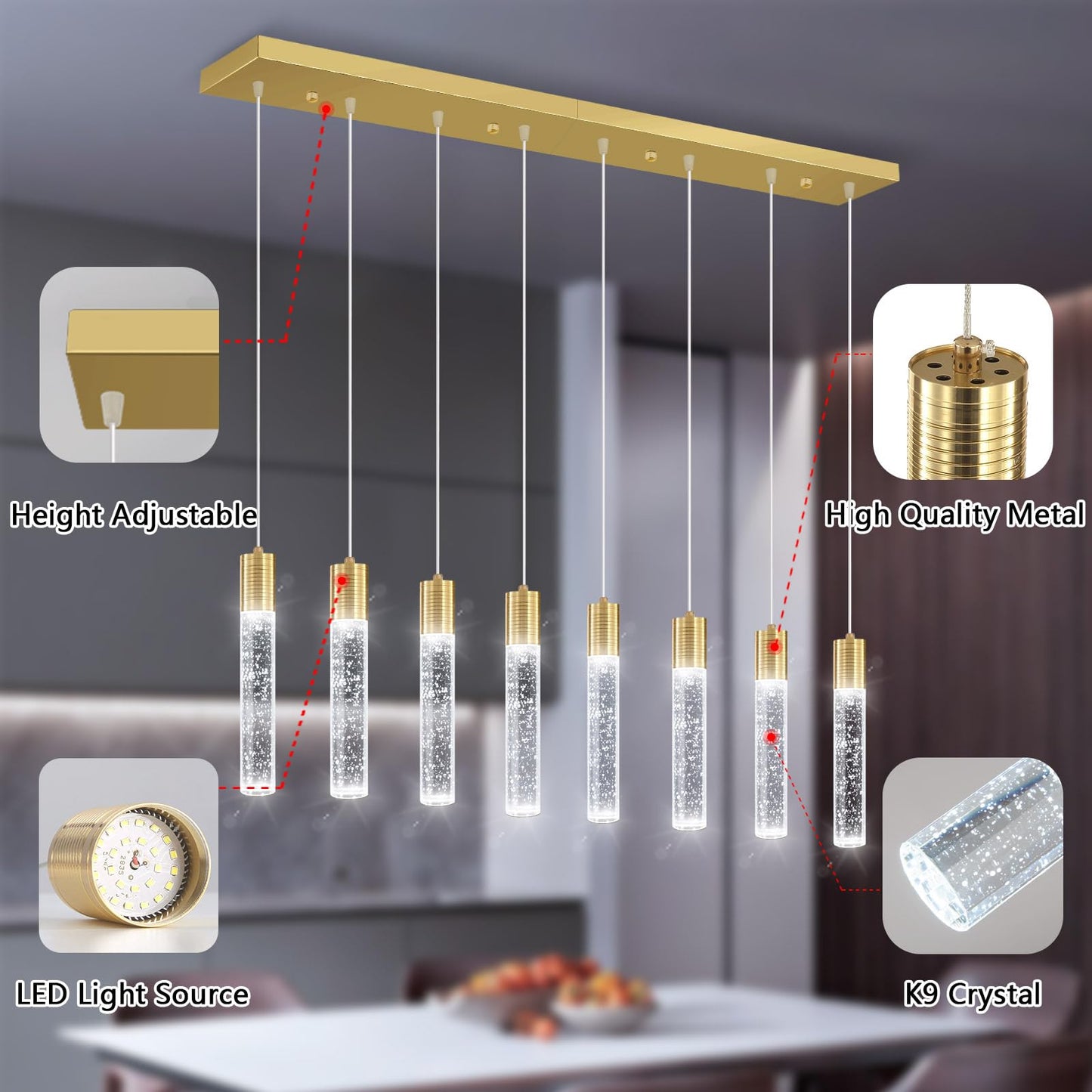 Dolria 8-Lights Modern Crystal Chandeliers For Kitchen Island Pendants Lighting Fixture For Dining Room Led Ceiling Light For Hallway Foyer 6000K Sliver