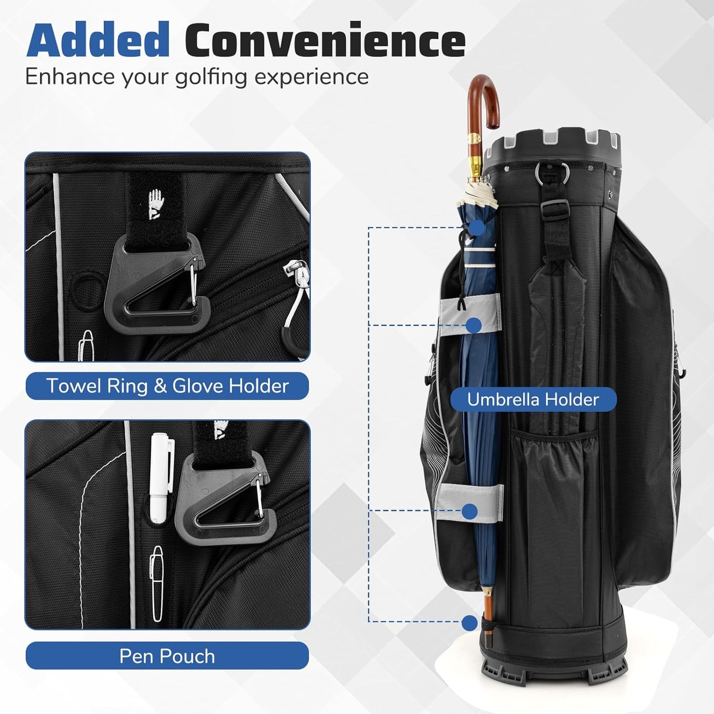 Tangkula Golf Cart Bag with 14-Way Full Length Dividers, 6 Molded Lock Top Golf Club Bag with 11 Pockets, Cooler Bag, Padded Strap, Handles, Umbrella Holder & Rain Hood