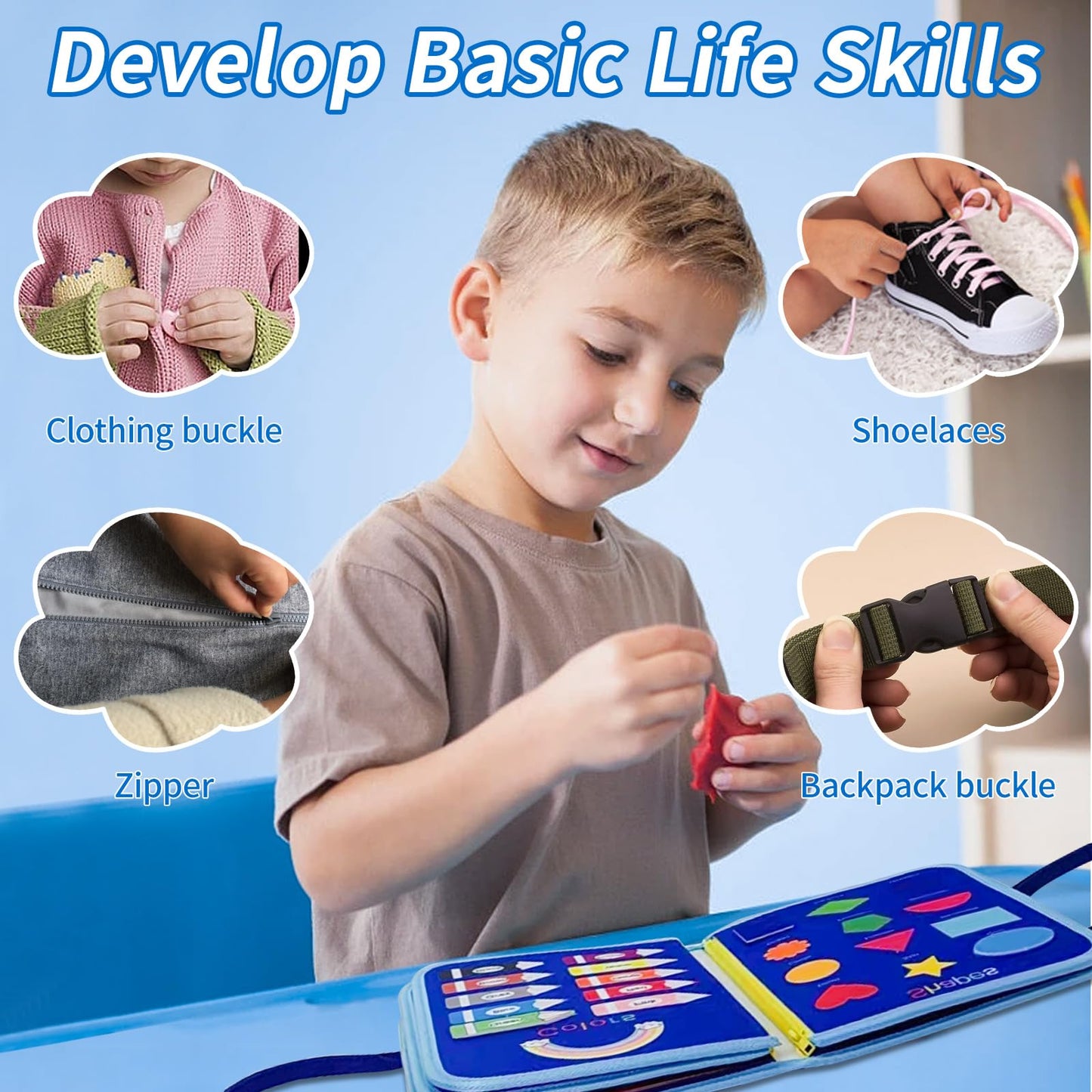 Soupost Montessori Busy Board for Toddlers Children's Sensory Toys, Buttons & Laces Develop Fine Motor Skills Travel-Friendly Learning Activity Board, for Kids