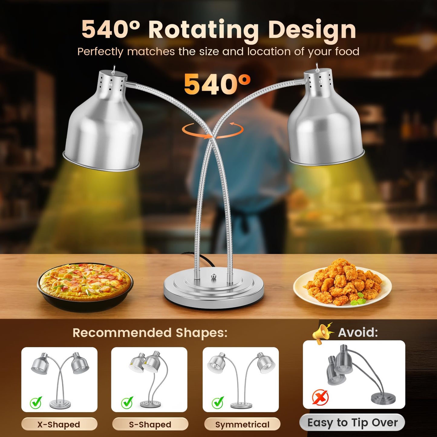 BOEASTER Food Heat Lamp, 500W Dual-Head Stainless Steel Commercial Food Warmer Lamp with 540° Rotation & 3Pcs Bulbs, Portable Warming Light for Restaurant Kitchen Buffet Counter Party Catering