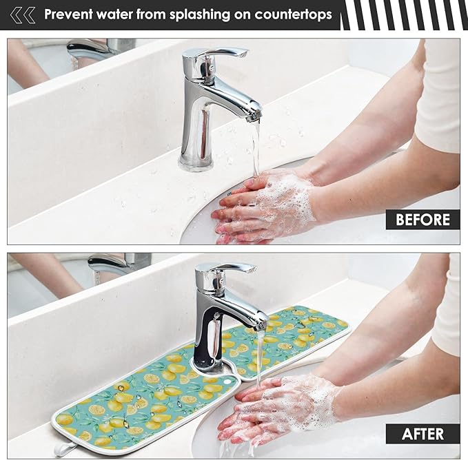 Kitchen Faucet Absorbent Mat,Lemon Fruit Summer Water Splash Guard for Sink, Faucet Drip Catcher Thicken Sponge Microfiber Faucet Water Catcher Mat Sink Absorbent Mat for Kitchen 23x5in 2 Pack