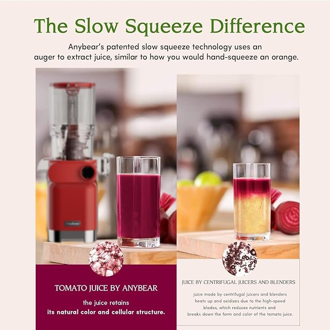 Anybear Cold Press Juicer, 200W Slow Masticating Juicer 4.3" Large Feed Chute Fit Whole Fruits Vegetables | Upgraded Auger | Tritan Materials | BPA Free | Easy to Clean with Brush (Red)