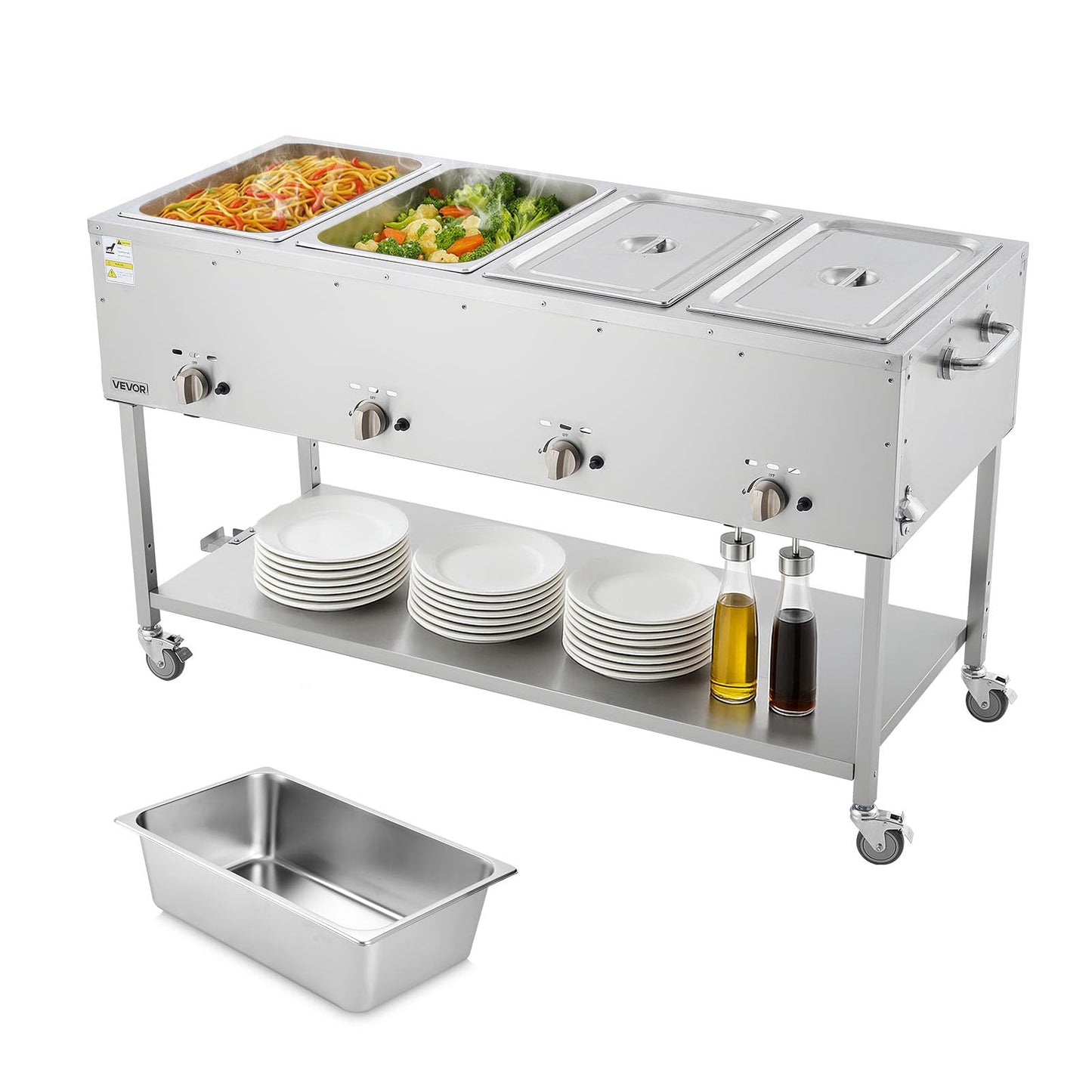 VEVOR 4-Pan Commercial Propane Steam Table, LP Gas Outdoor Soup Warmer with Drain Valve and 3" Wheels, Stainless Steel Propane Food Warmer with Independent Temp Control, for Restaurant Outdoor Camping