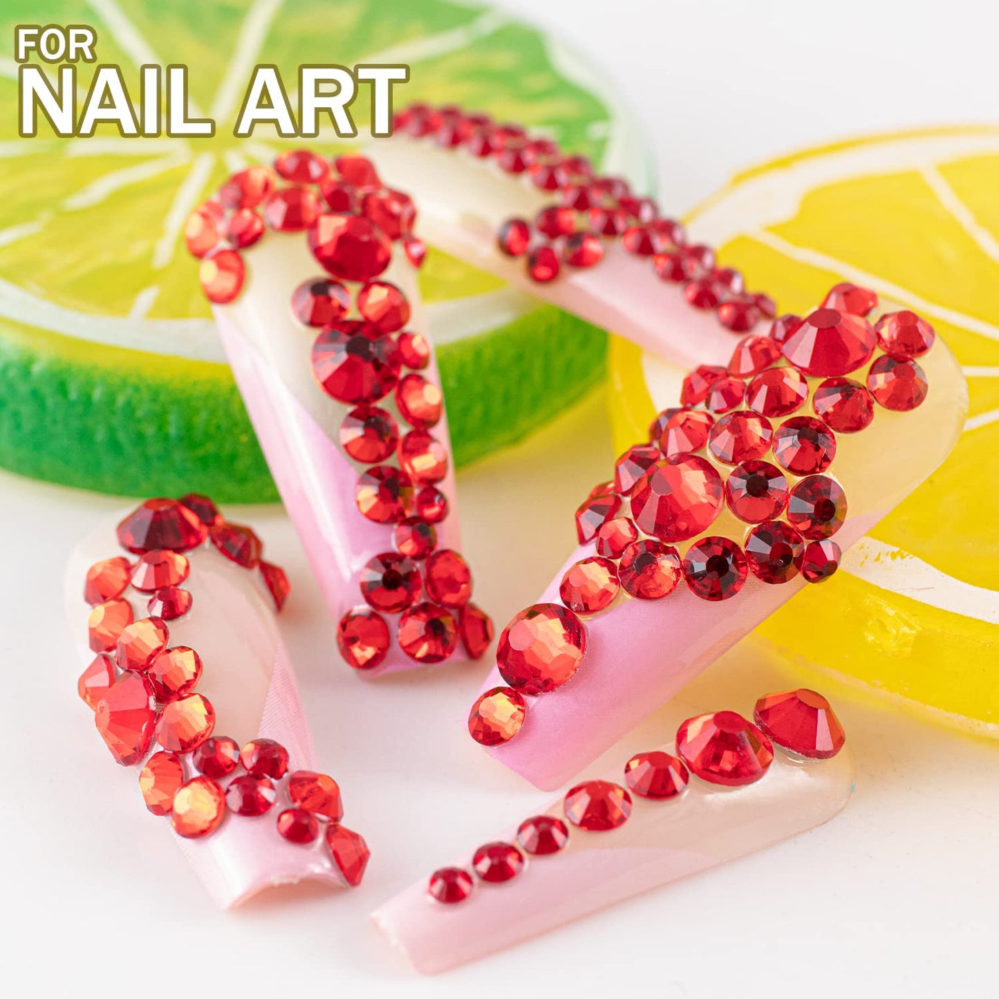 One Pack 2000 Pcs of Flatback Round Red Rhinestones 6 Sizes (1.5-6 mm) with Nail Art Rhinestone Picker Pencil and Tweezers for D