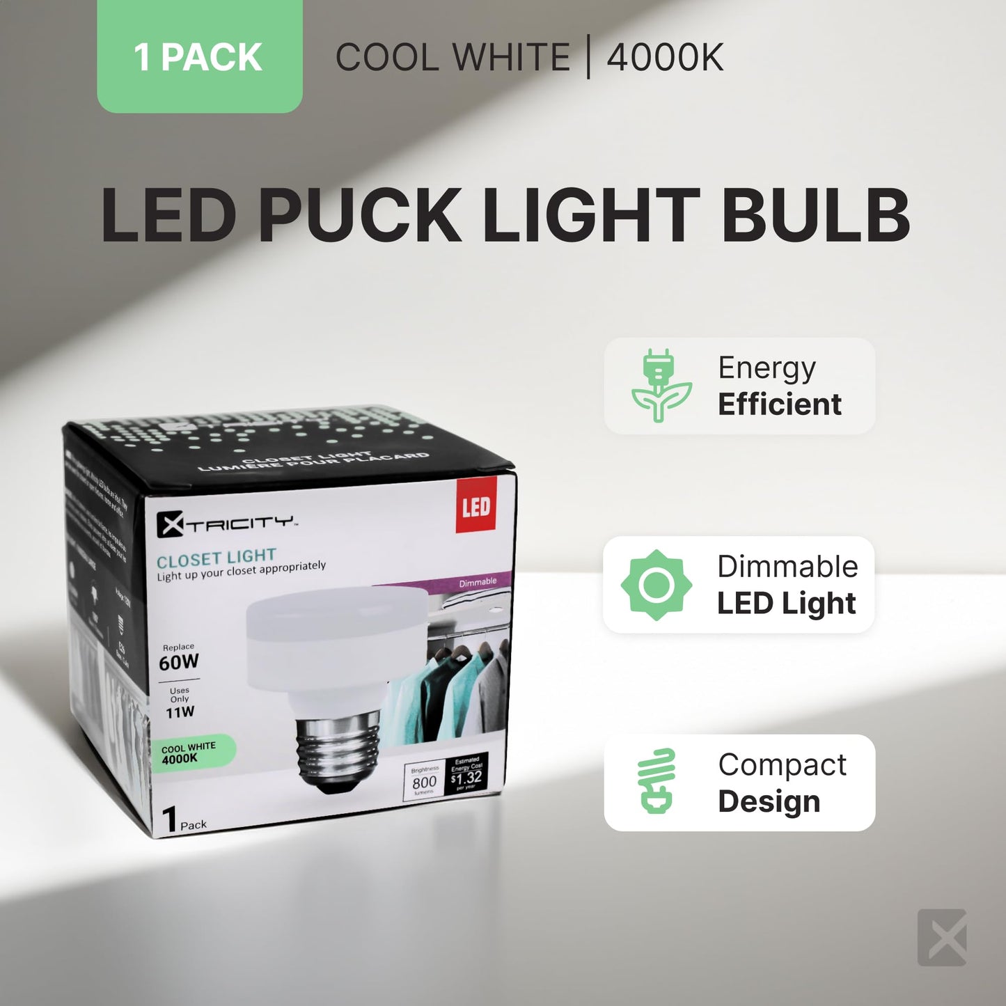 Xtricity LED Puck Light Bulb, Dimmable, 11W (60W Equivalent), 800 Lumens, 4000K Cool White, Plastic, 1 Pack