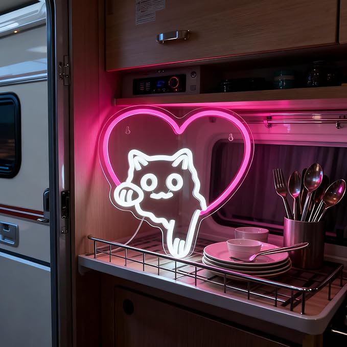 Cat Neon Sign – Cute Pink Heart Cat LED Lights, Dimmable Animal Neon Wall Decor, Cat Lover Gift, Bedroom Wall Art, Living Room, Game Room, Pet Shop, Kawaii Home Accent(12.91 × 13.11 in)