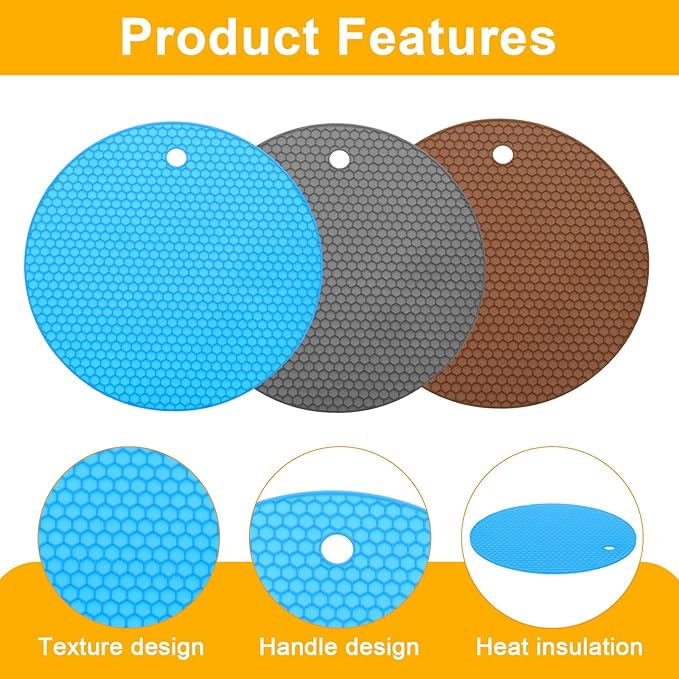 uxcell 3pcs Silicone Jar Opener Pads, 17.5cm/7" Texture Can Opener Multipurpose Round Bottle Lid Opener Non-Slip Coasters for Weak Hands Seniors Children, Brown, Gray, Blue