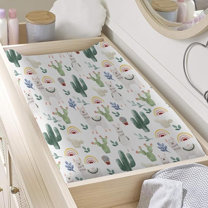 Cute Llama Changing Pad Cover Funny Llama Cactus Leaves Rainbow Unisex Diaper Change Table Covers for Boys Girls Soft Stretchy Baby Changing Mats Sheets 32''x16''