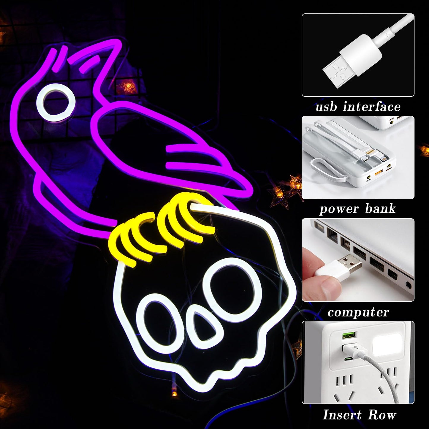 Crow Skull Christmas Neon Sign For Bedroom Dimmable Skull Light Horror Neon Signs Wall Decor Skull Lamp Led Neon Light For Man Cave malt-inspired Bar Game Room Party Christmas Decor Gifts