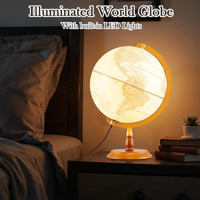 COSTWAY 12” Illuminated World Globe, Geography Educational Globe with Built-in LED Night Light, Wooden Stand, Clear Map for Kids & Adults Learning, Desktop Globes for Students, Decoration (Bronze)