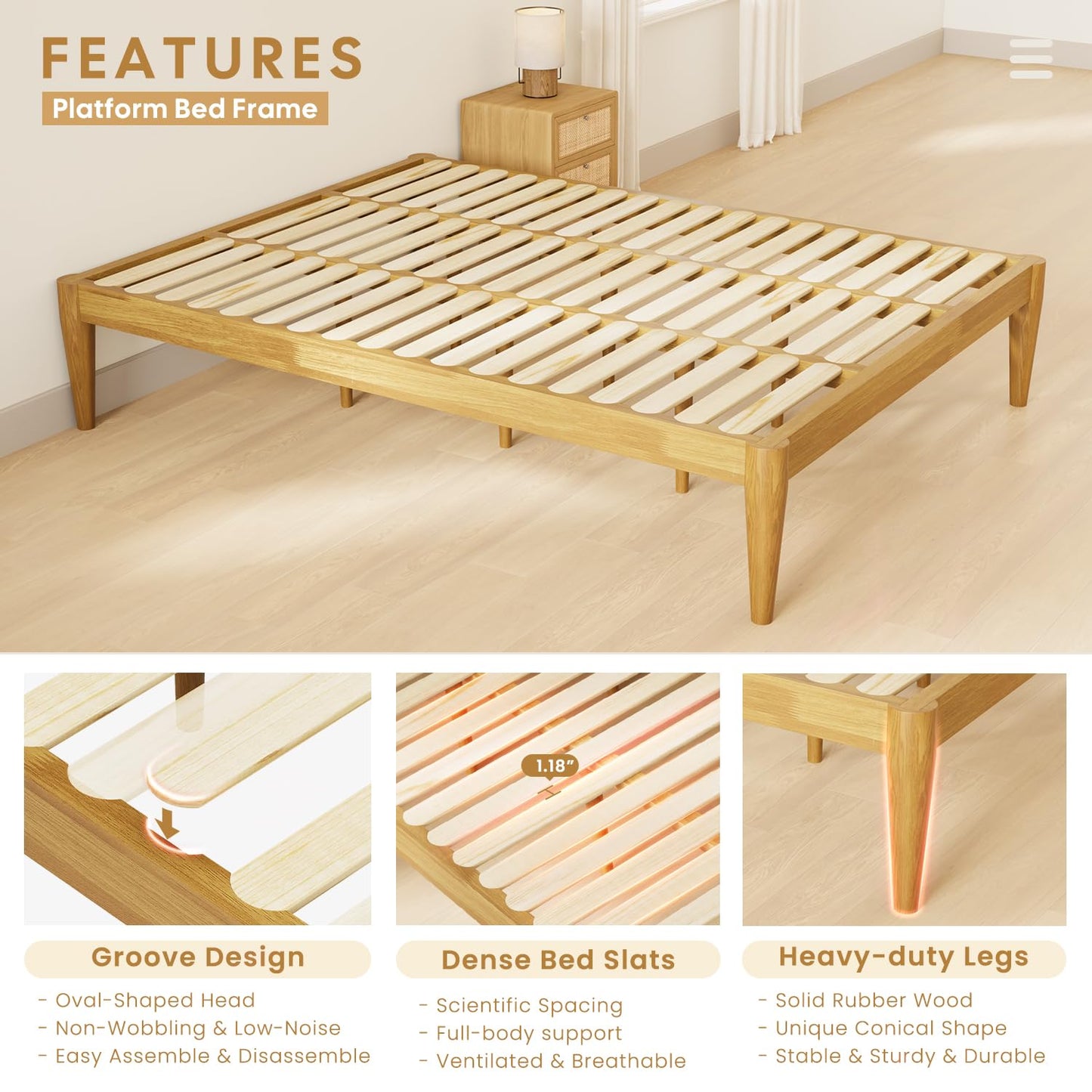 IOTXY California-King Platform Bed Frame - Solid Wood 16-Inch Height Mattress Foundation Base with Densely Slats and Heavy-Duty Support Legs, No Box Spring Needed, Oak