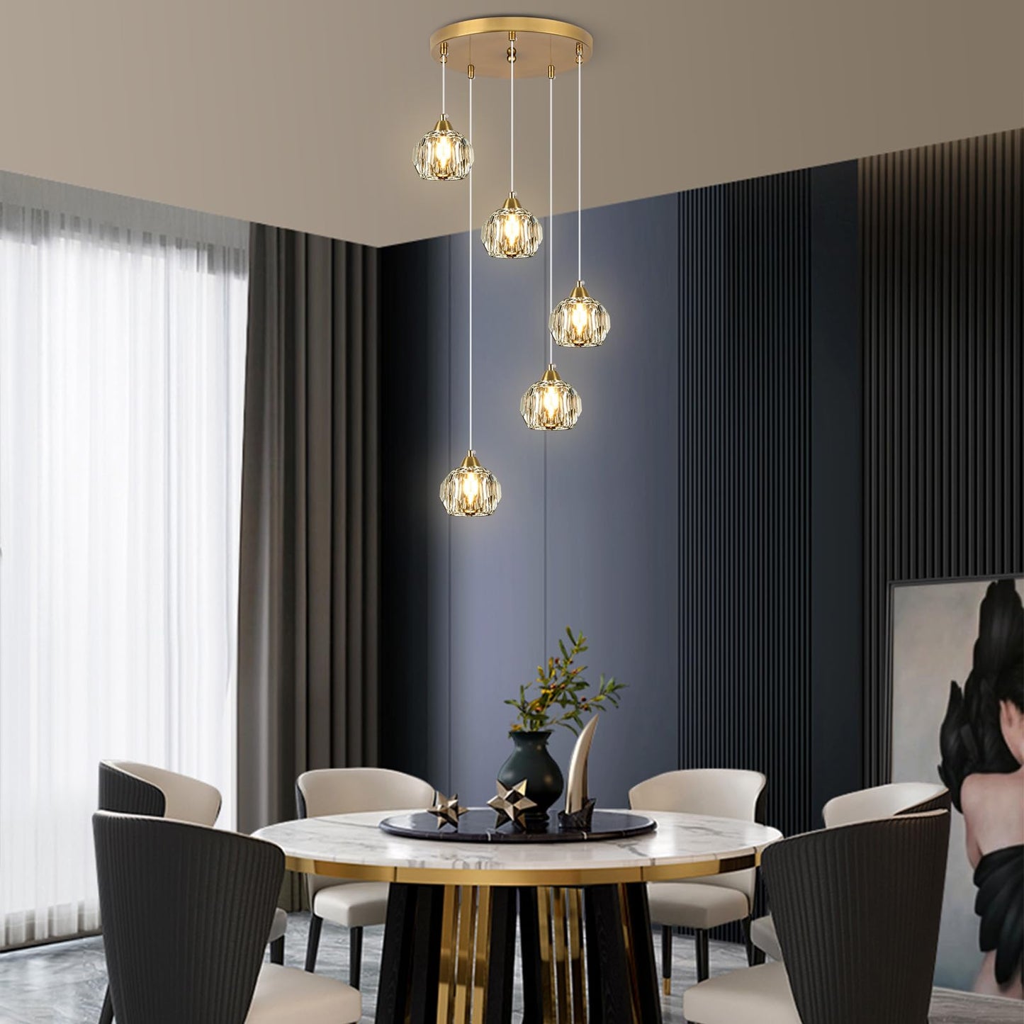 Weesalife 5-Light Crystal Chandelier, Gold Brass Pendant Light Fixture, Model A8817 for Dining Room, Kitchen, Living Room