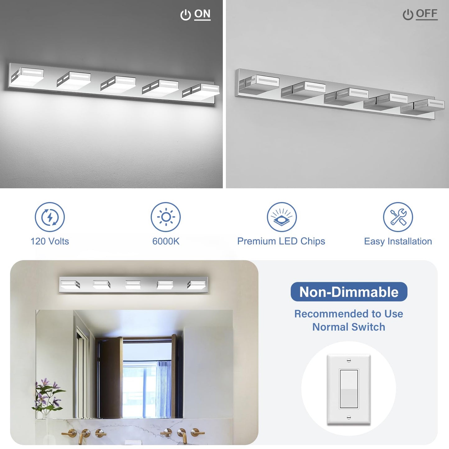 Donrao 40-Inch 5-Light Led Modern Chrome Bathroom Vanity Light Fixtures Over Mirror  Bathroom Lighting Fixtures With Cool White 6000K  Rotatable Vanity Wall Lights For Bath Restroom Powder Room
