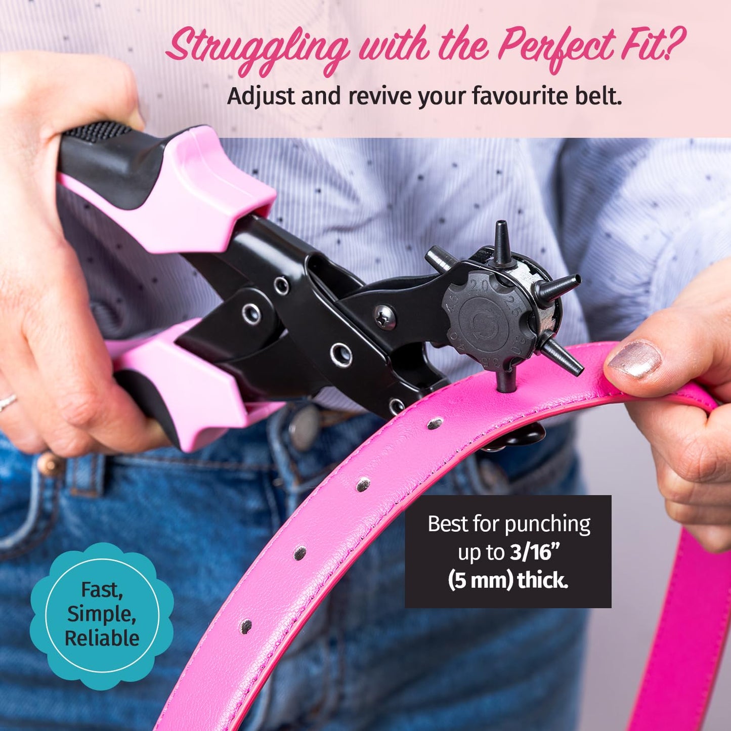 Precision Leather Hole Punch Tool, Best for Belts, Fabric, Leather (Up to 5mm Thick), Multi-Size Puncher for DIY, Craft & Home Projects, Comfortable for Smaller Hands with Reduced Handle Spread, Pink
