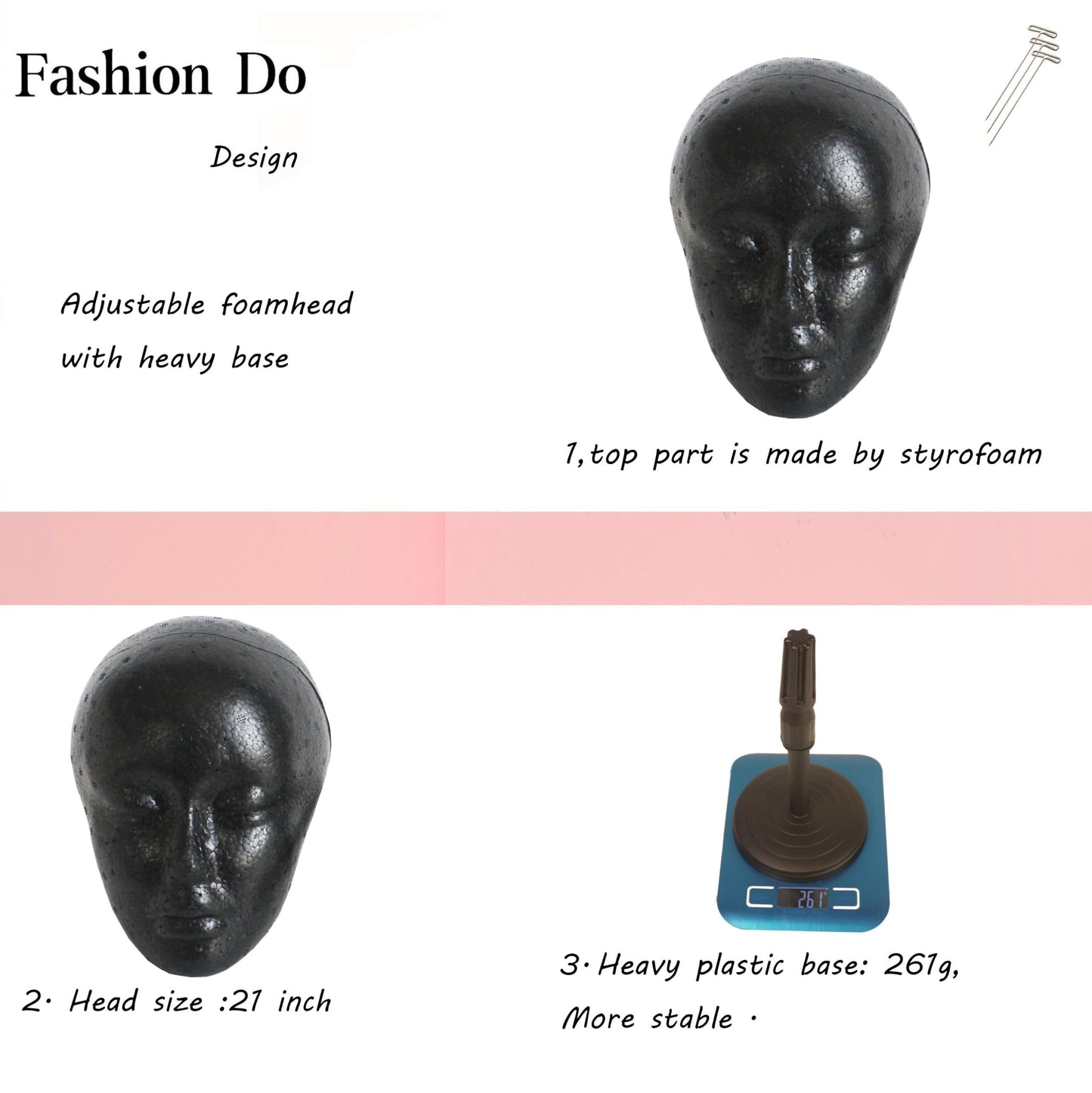 FASHION DO 2 PACKS Adjustable wig or hat black styrofoam mannequin head holder stand (13   to 17   ) (Black head 01)