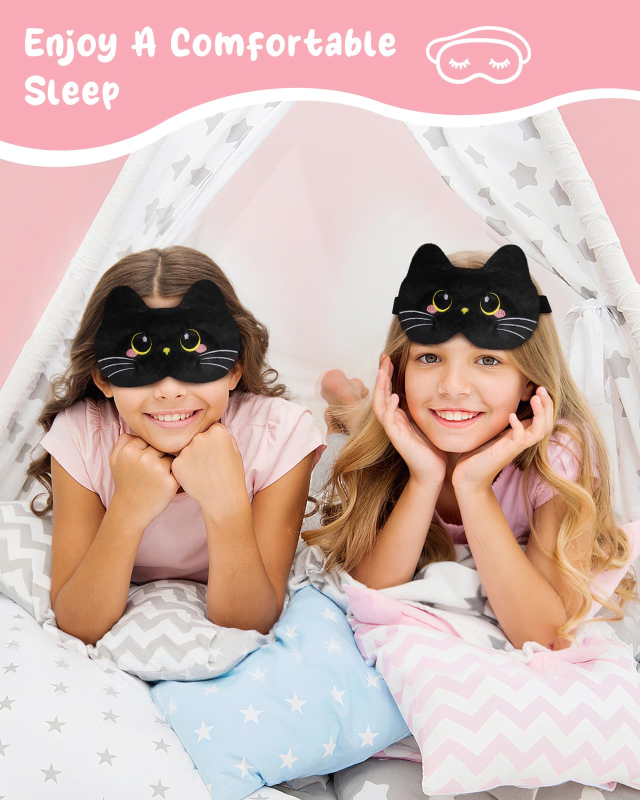 Miss Adola Sleep Mask for Kids - Cute Cartoon Plush Fuffy Sleeping Eye Cover Black Cat Kawaii Soft Eyeshade with Adjustable Strap Animal Eye Blindfold for Kids Girls Boys Teens