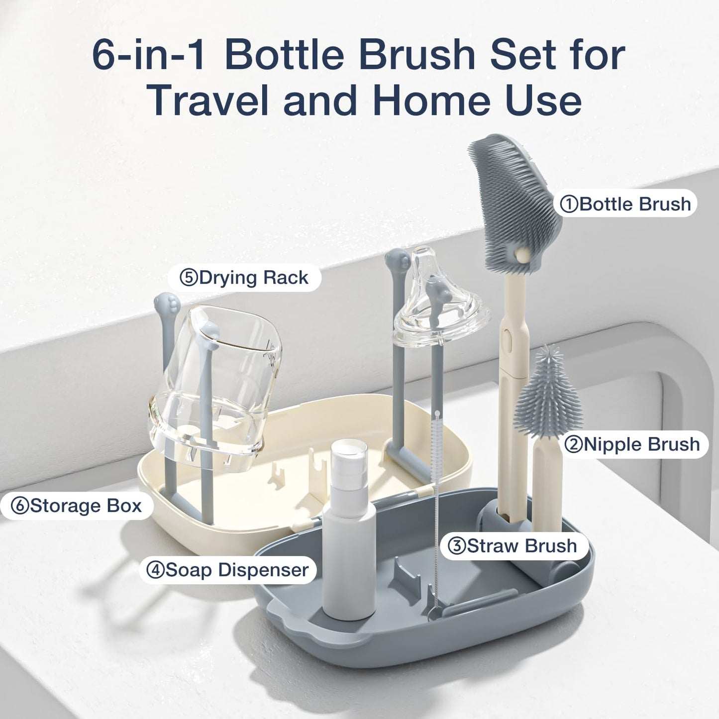 TPE & Silicone Travel Baby Bottle Cleaning Kit, 6-in-1 Baby Bottle Cleaner Brush Set with Breast Pump Cleaning, Nipple Brush, Straw Brush, Soap Dispenser, Portable Drying Rack, Baby Travel Essential
