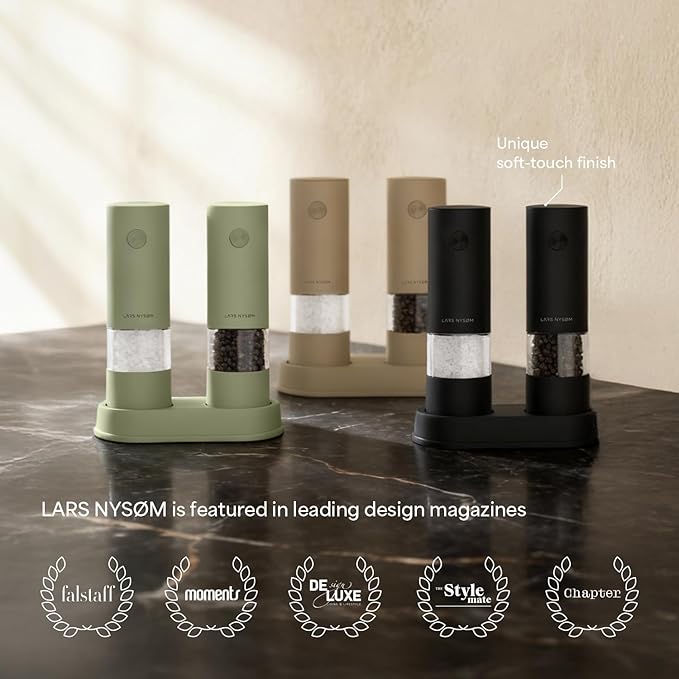 LARS NYSØM Electric Salt and Pepper Grinder Set I Automatic Salt and Pepper Mills with Adjustable Ceramic Grinder I AAA-Battery Operated Electric Spice Mill Set (Almond Beige)