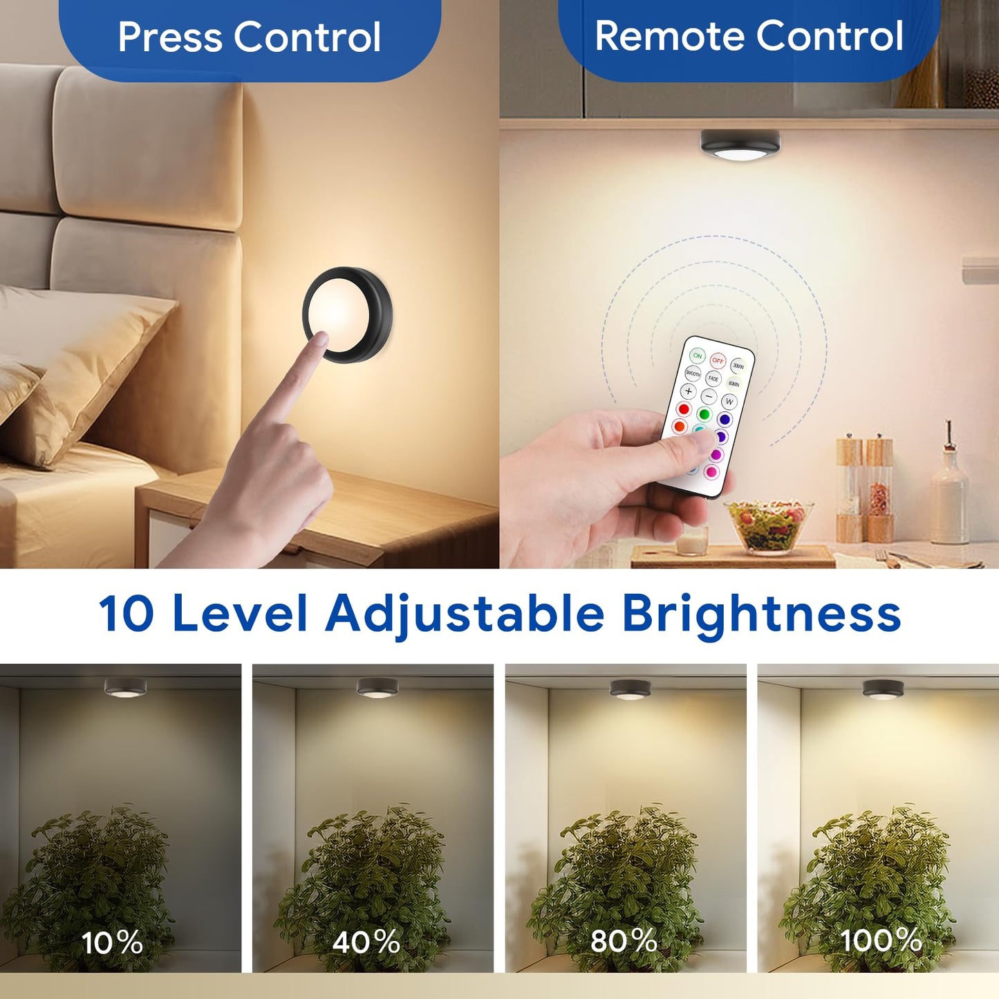 Yiliaw LED Puck Lights with Remote Control, 12 Pack, AA Battery Operated, 12 Color, Black-Magnetic, Plastic