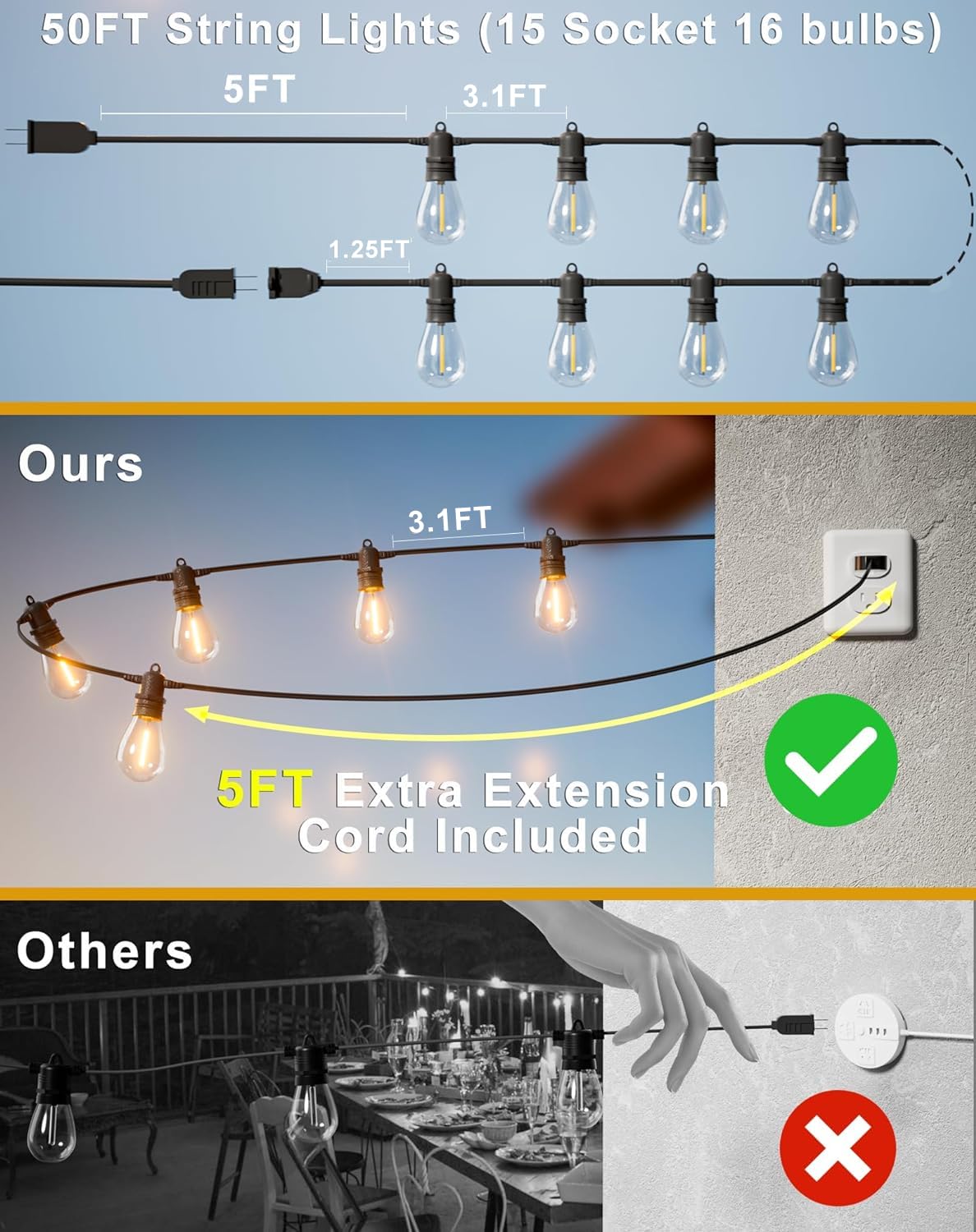 Jerritte LED Outdoor String Lights, 50FT, 15 Shatterproof Bulbs, IP65 Waterproof, Dimmable, Black, Model ASS14-04815-C