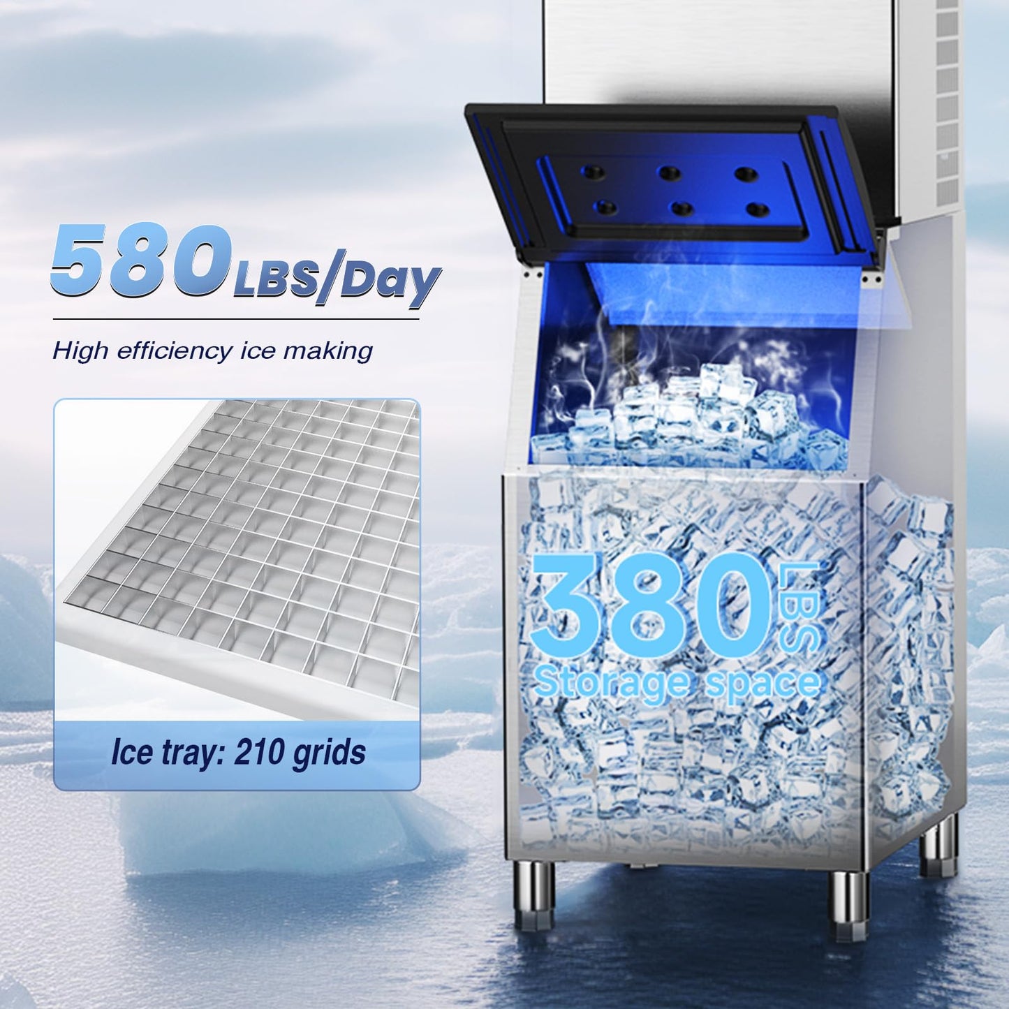 580 lbs/Day Commercial Ice Machine with 380 lbs Bin - Stainless Steel Industrial Commercial Ice Cube Maker w/Self-Cleaning & Timer for Bars, Restaurants