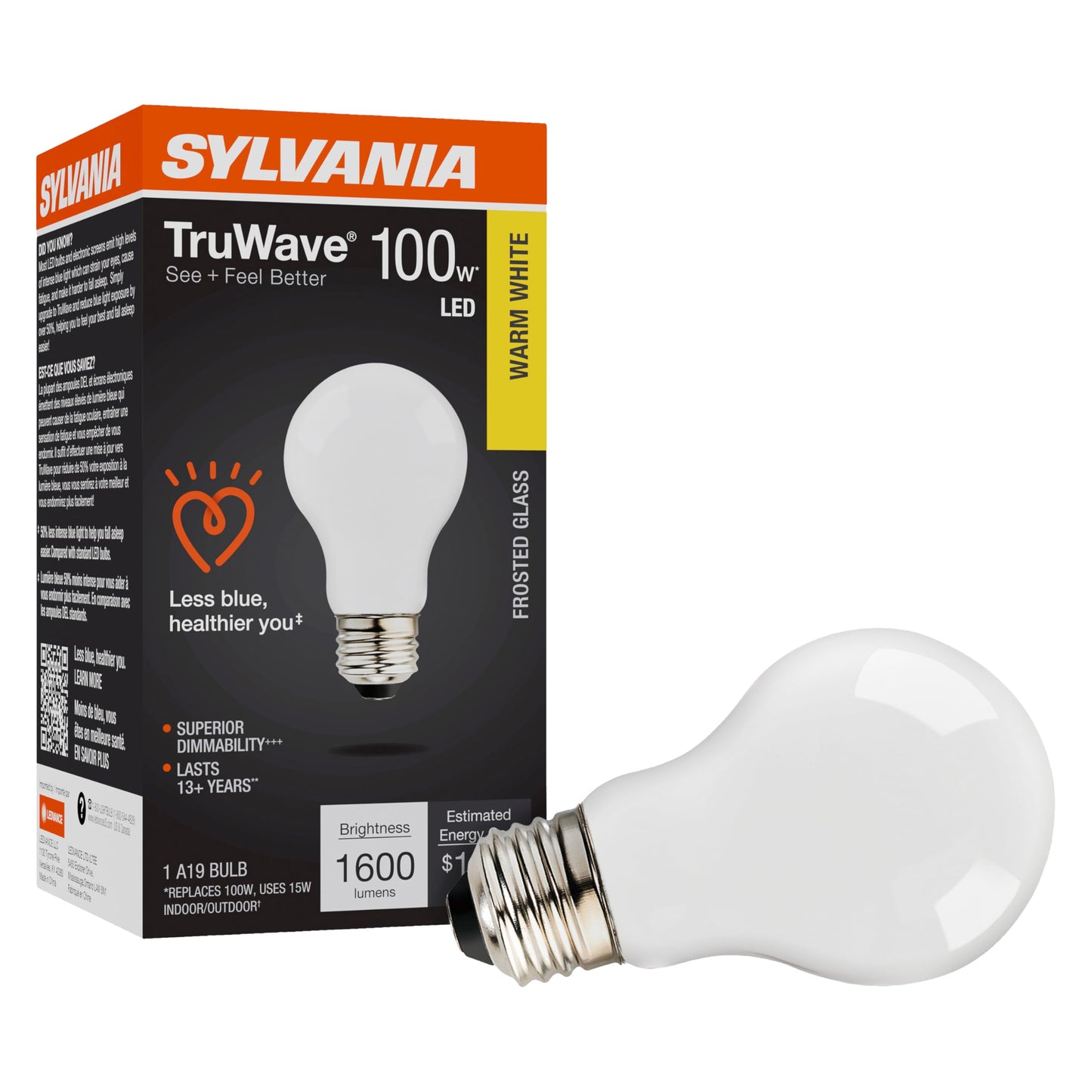 Ledvance Sylvania Truwave A19 Led Light Bulb, 100W Equivalent, 15W, 1600 Lumens, Frosted, Warm White, Dimmable, 1