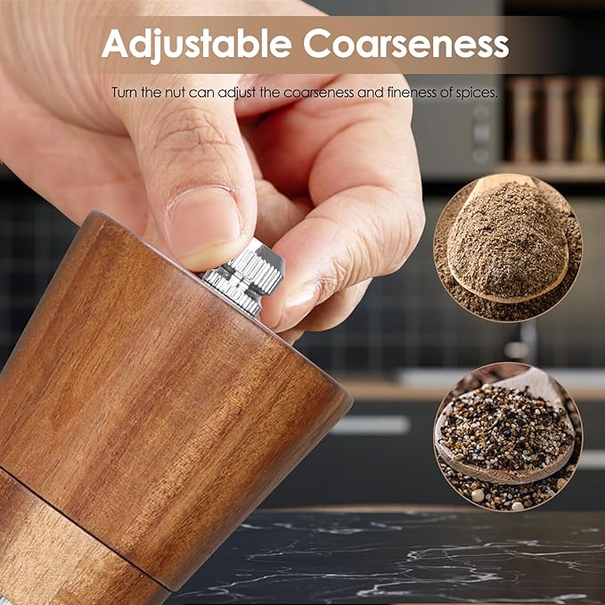 Wooden Salt and Pepper Grinder Set, 8 inch Manual Salt and Pepper Mill with Brush and Spoon, Adjustable Coarseness, Refillable Pepper Grinder for Kitchen, Transparent