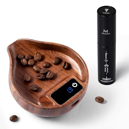 Coffee Bean Dosing Cup with Scale and Spray Bottle Kit - MUVNA Mini Rechargeable 0.1 Precision Single Dosing Tray Walnut Wood with LED Display for Coffee Grinder, Espresso, Tea, Kitchen Spice