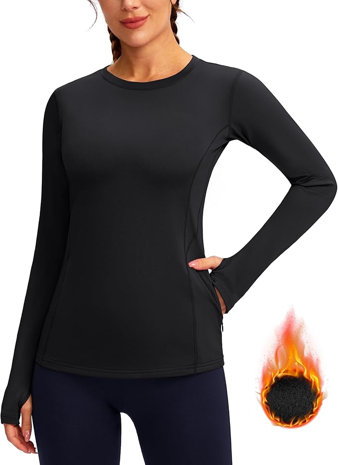 Women's Thermal Fleece Tops Long Sleeve Workout Shirts Running Athletic Base Layer with Thumb Holes Zipper Pocket
