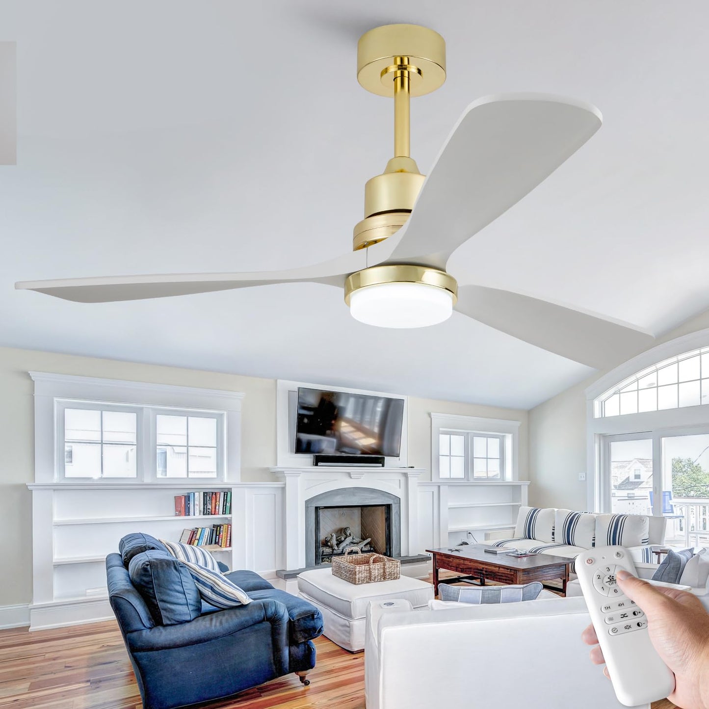 BOJUE Ceiling Fan with Lights, 52 inch, Gold Finish, White Solid Wood cutting edges, Model BJ52WH-1620G, Ideal for Indoor/Outdoor Use