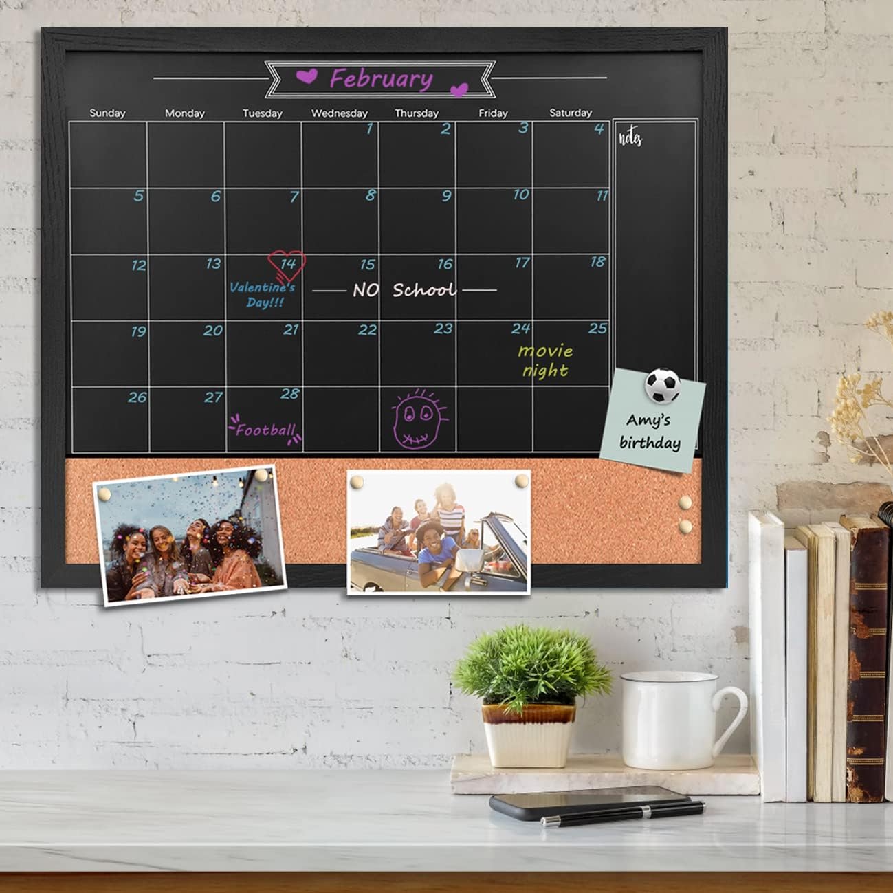 TORASO Magnetic Chalkboard Calendar Corkboard, 18" x 22" Combination Chalk Board Bulletin Board, Black Wood Framed Blackboard Calendar Cork Combo Board(ZHHB-BK-4555)