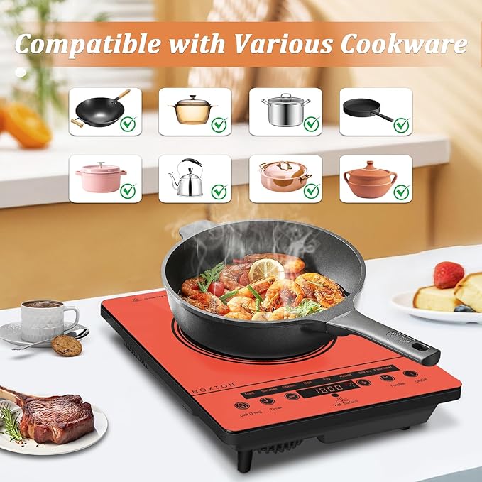 Noxton Portable Electric Stove 110V, 1800W Single Burner Electric Cooktop, Countertop Burner Electri Hot Plate, 4 Hour Timer, 9 Power Level, Child Safety Lock, Compatible with All Cookware(Red)