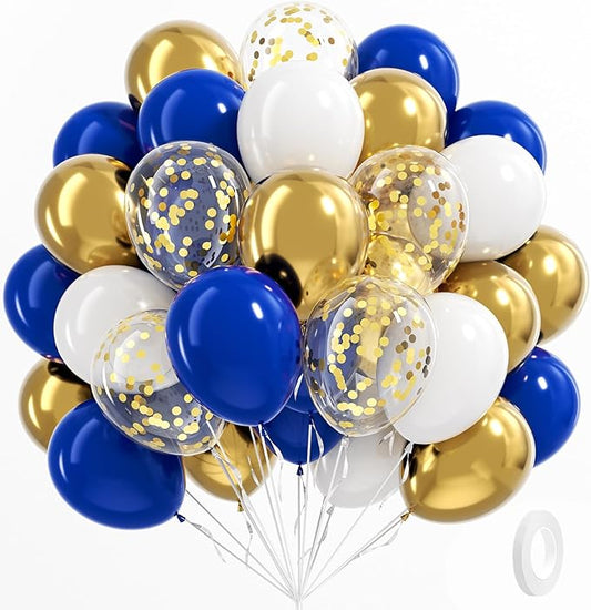 BAUANOOY Royal Blue Gold White balloons, 60pcs 12 Inch Navy Blue Metallic Gold Confetti Balloon for Wedding Graduation Bab...