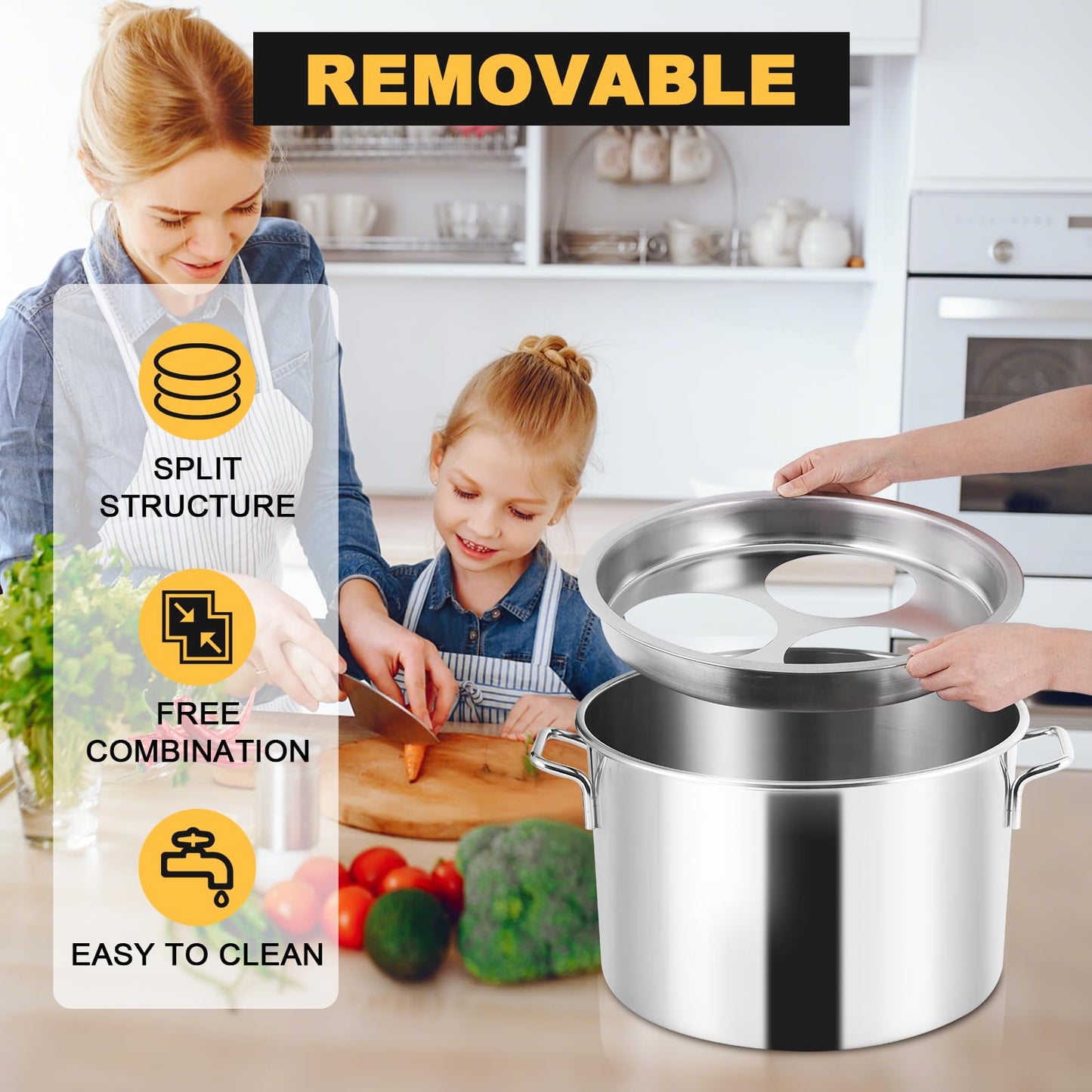 YJINGRUI Commercial Pasta Pot, 19.5 Quart, Stainless Steel Pasta Cooker with Insert Strainer Colander for Home Kitchen Restaurant, 3 Holes