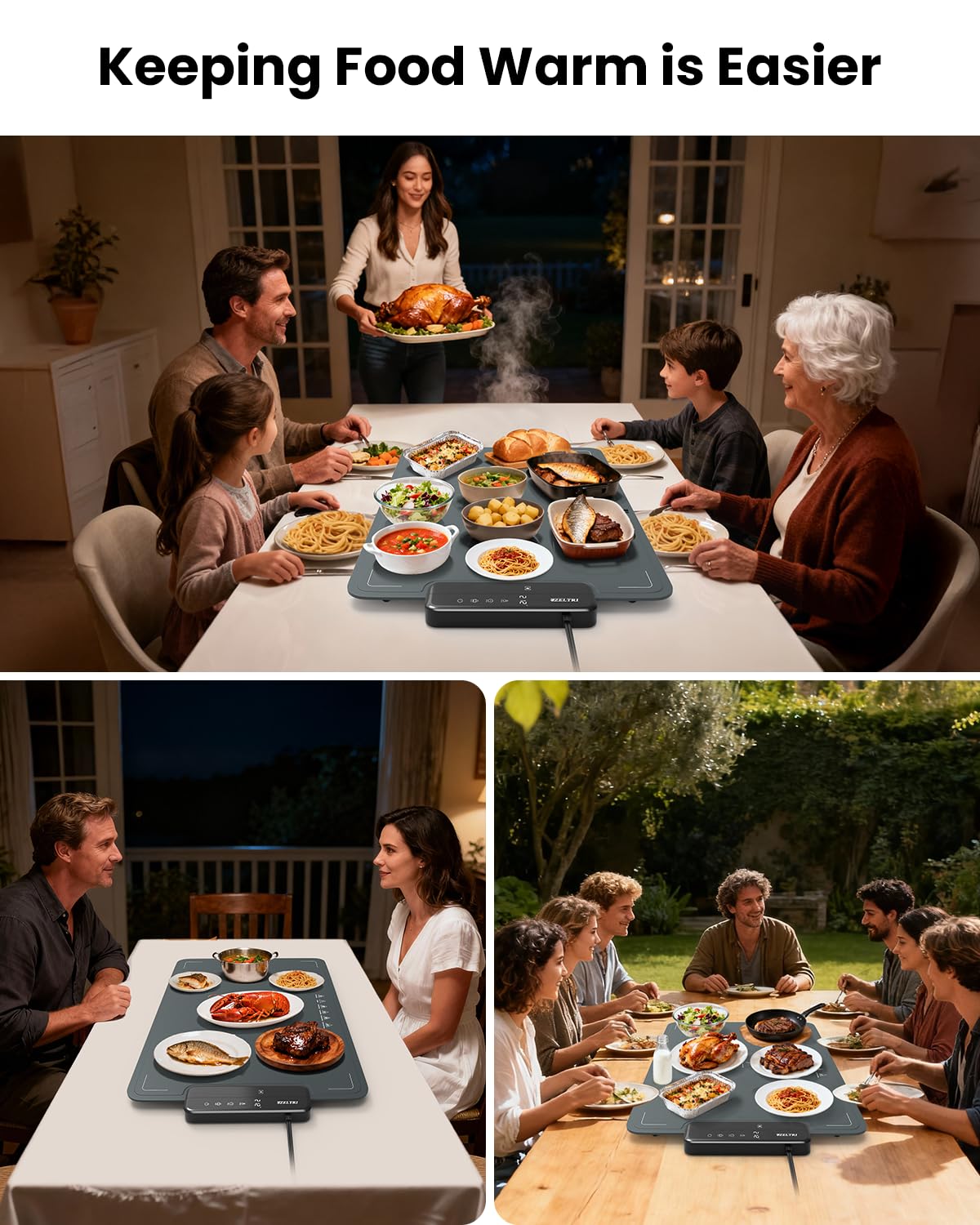 ZELTRI Food Warmer Mat Plug and Play-Large 24''X16'' Rapid Full Surface Heating, 6 Level Temp, 6 Hour Timer, Child Lock, Portable Warming Mat for Family Gatherings, Parties, Outdoor Camping