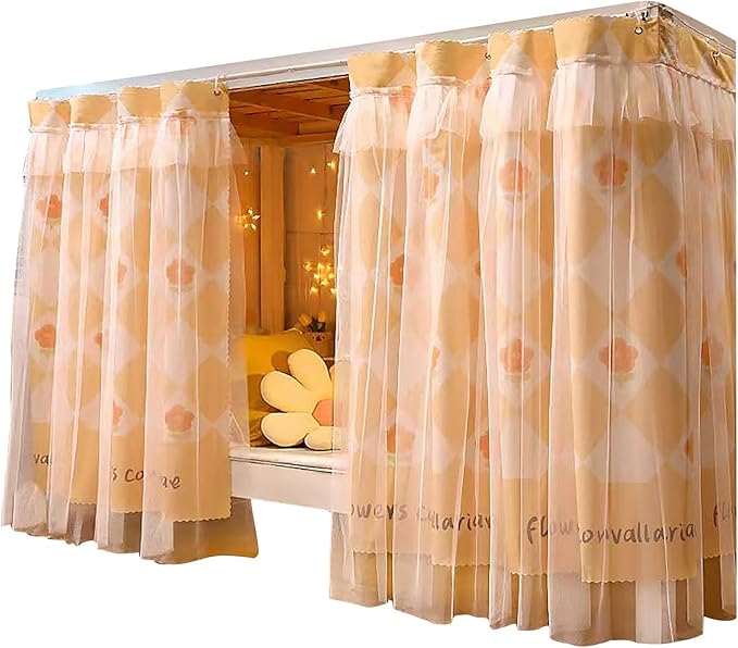 Beautiful Gauze Bunk Bed Curtains Drapes with Lace Privacy Bed Canopy for Bottom, 2 Panels, Orangeflower