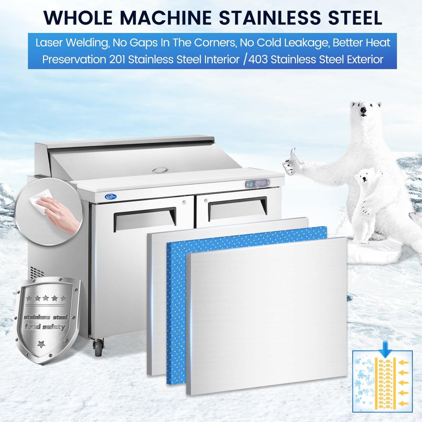 kalifon 72" W 3 Door Refrigerator Sandwich Salad Prep Table Commercial Stainless Steel Fan Cooling Refrigerator with Cutting Board, 3 Shelves & 30 Pans for Restaurant, Bar, Shop-20 Cu.ft