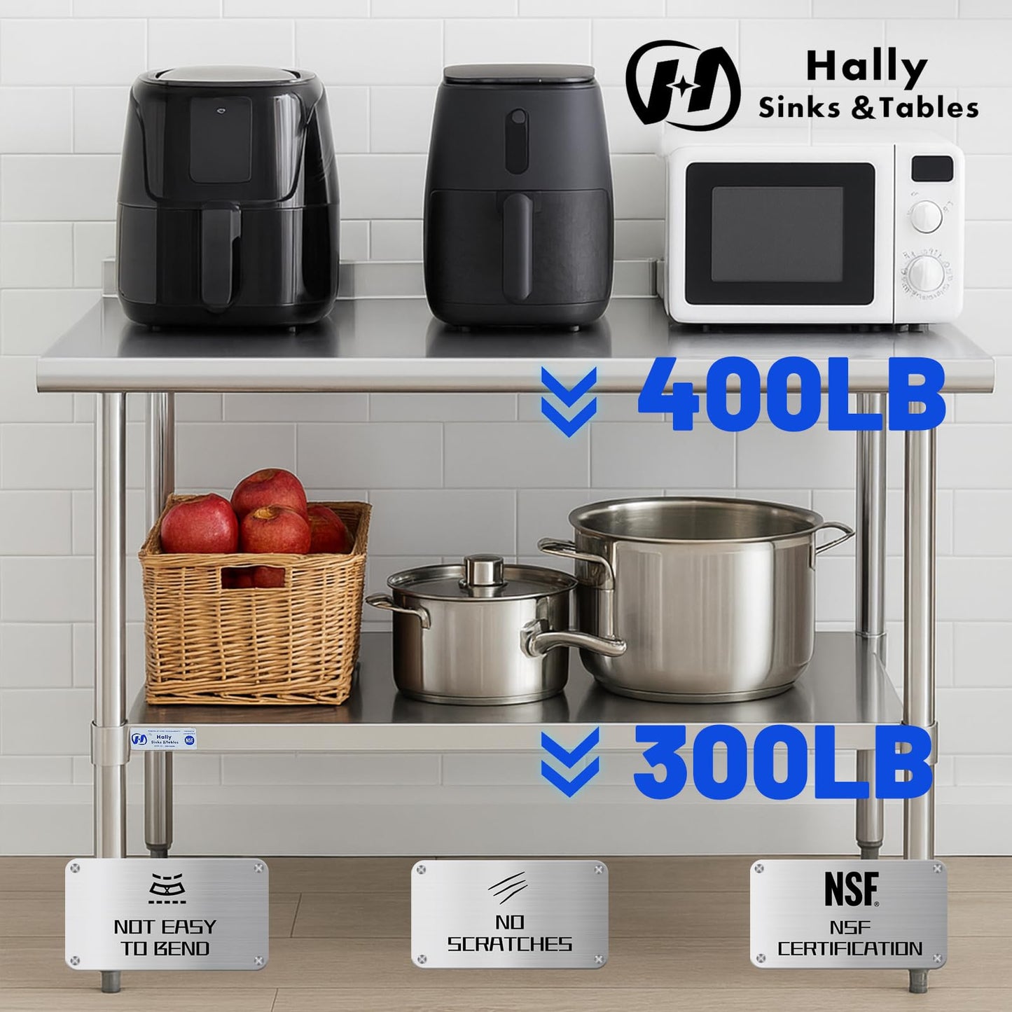 Hally Stainless Steel Table for Prep & Work 24 x 24 Inches, NSF Commercial Heavy Duty Table with Undershelf and Backsplash for Restaurant, Home and Hotel