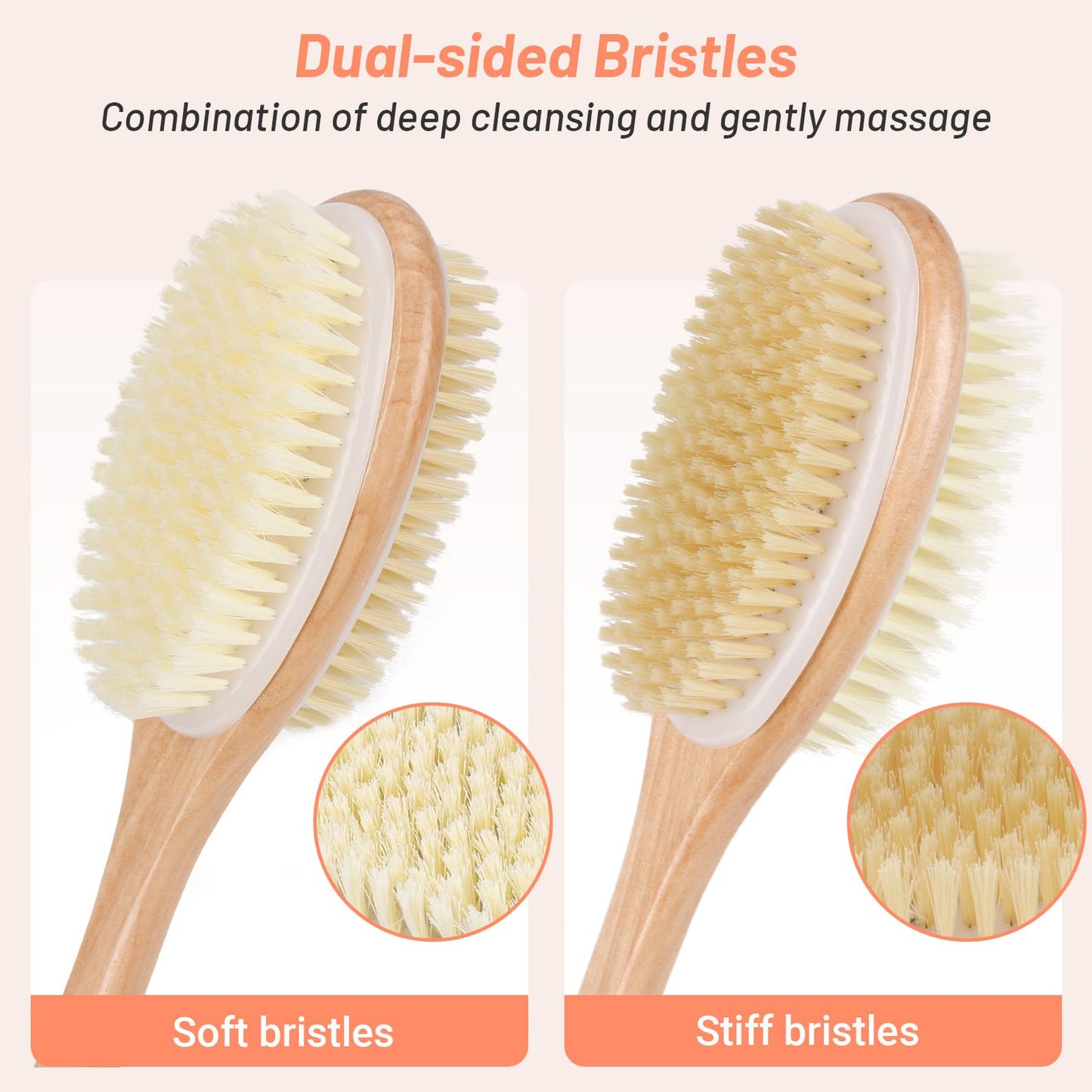 Alyvisun Wooden Back Scrubber for Shower with Long Handle, Dual-Sided Bath Brush Body Scrubber with Stiff and Soft Bristles, Exf